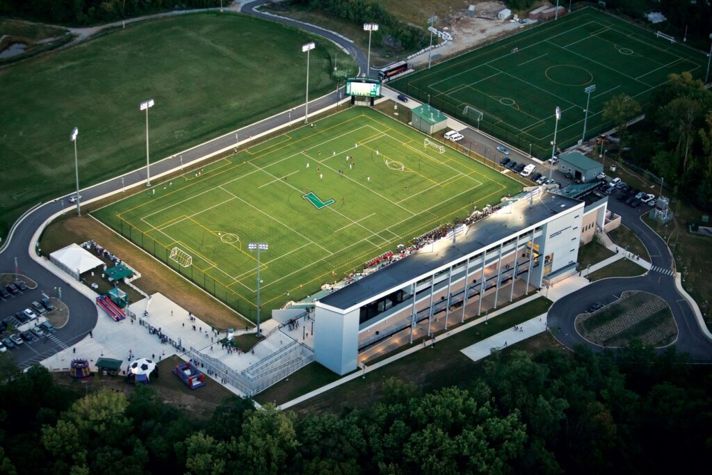 an aerial view of a large soccer field